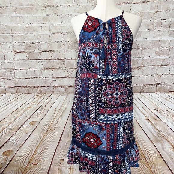 Allison Joy sleeveless chiffon shift dress tassel crochet - Picture 6 of 6